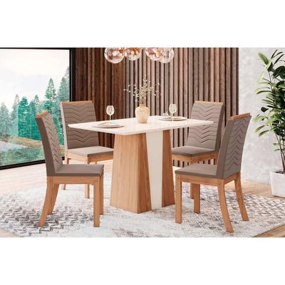 Conjunto Mesa Sala Jantar Orus Com Tampo Madeirado 120x80cm E 4 Cadeiras Isa Nature Off White Suede Marrom Henn