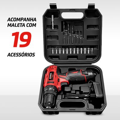 Parafusadeira e Furadeira com Maleta Mondial Preto 12V PI-12MA Bivolt