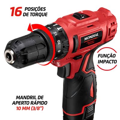 Parafusadeira e Furadeira com Maleta Mondial Preto 12V PI-12MA Bivolt