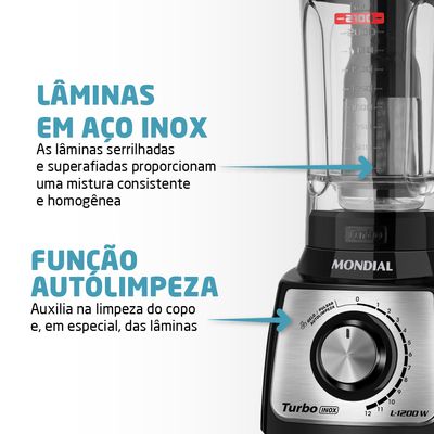 Liquidificador Turbo Mondial Preto e Inox 1200W L-1200 BI 110