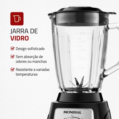 Liquidificador Turbo Glass Jarra de Vidro Mondial Preto e Inox 1400W L-1400 GI 110