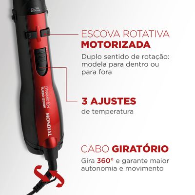 Escova Rotativa Ceramic Íon Turbo Mondial Vermelho e Preto 1200W ER-09 110
