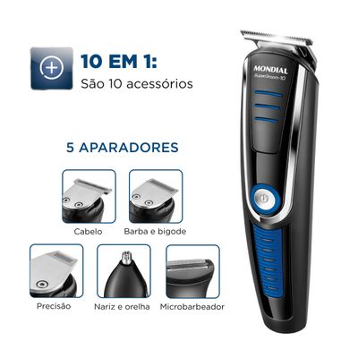 Aparador de Pelos Super Groom 10 Mondial Preto e Azul 6W  BG-03 Bivolt
