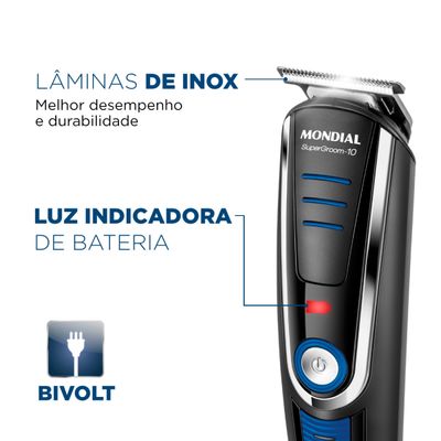 Aparador de Pelos Super Groom 10 Mondial Preto e Azul 6W  BG-03 Bivolt