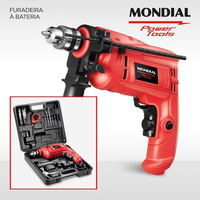 Kit Oficina Furadeira de Impacto Mondial Preto e Vermelho 600W FFI-07M 220