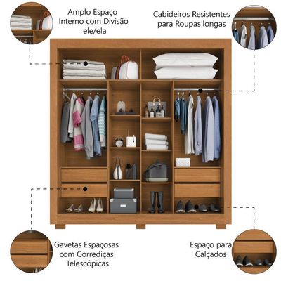Guarda Roupas Casal Com Espelho 2 Portas De Correr 4 Gavetas Titanium Zanzini Cinamomo