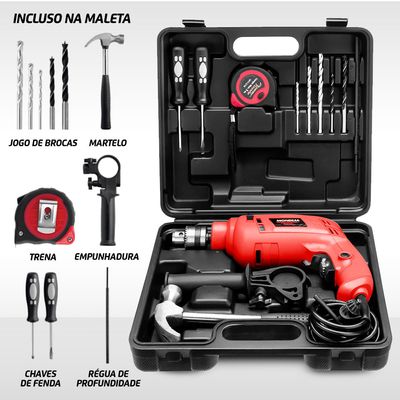 Kit Oficina Furadeira de Impacto Mondial Preto e Vermelho 600W FFI-07M 220