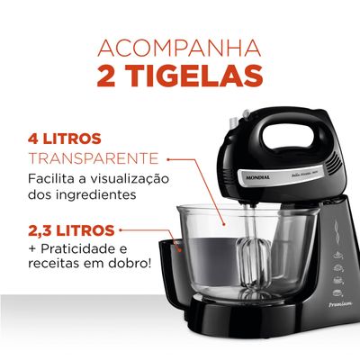 Batedeira Bella Massa Mondial Preto e Inox 500W B-23 NP 220