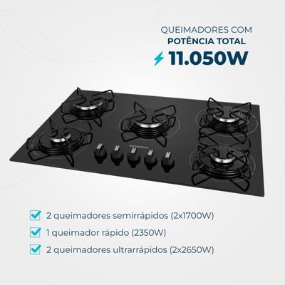 Cooktop a Gás 5 Bocas Mondial Preto e Inox CTG-02 Bivolt
