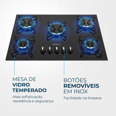 Cooktop a Gás 5 Bocas Mondial Preto e Inox CTG-02 Bivolt