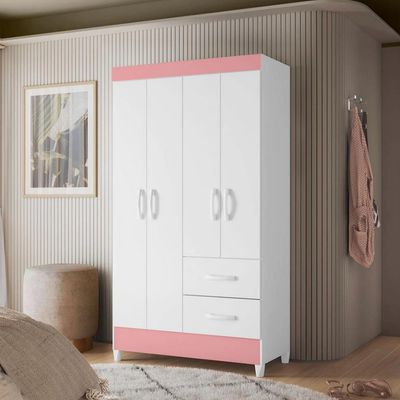 Guarda-Roupa Mobi com 4 Portas e 2 Gavetas Palumóveis Branco/Rosa Matte