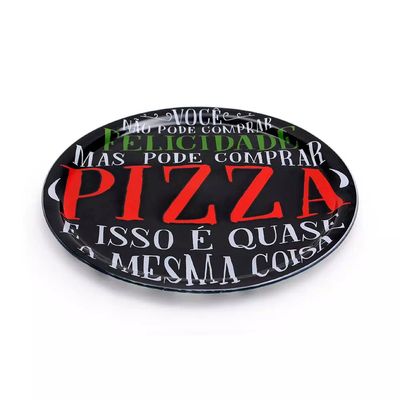 Prato para Pizza em Fatia de Vidro Decorglass Preto e Estampado 40cm