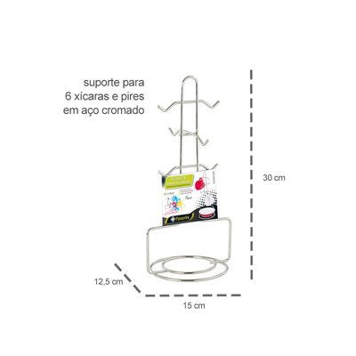 Porta Xicaras e Pires Suporte para 6 Canecas Aço Cromado