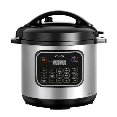 Panela de Pressão Elétrica Philco PPP80 Multifuncional com 12 Funções Painel Digital e Timer Programável 1200W 8 Litros Inox com Preto / 110V