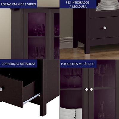Cristaleira 2 Portas Vidro 1 Gaveta 180x80 Cm E954 Preto Dtall Preto