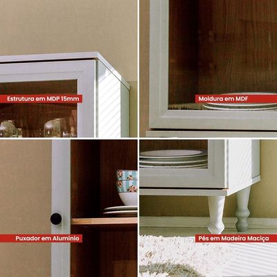 Cristaleira 1 Porta Vidro Pés Madeira 151x40 Cm E963 Cinza Dtall Cinza