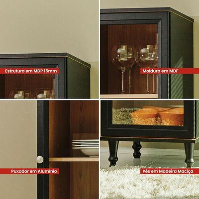 Cristaleira 1 Porta Vidro Pés Madeira 151x40 Cm E963 Preto Dtall Preto