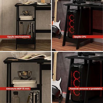 Mesa Escrivaninha Gamer 2 Pateleiras 120 Cm Mc190 Preto Dtall Preto