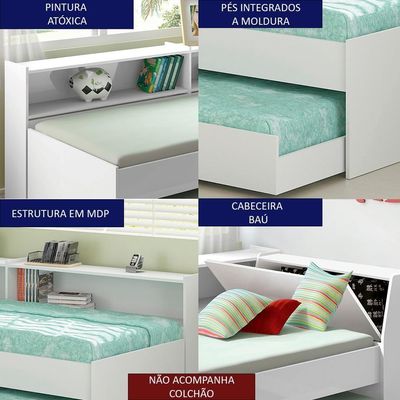 Cama Solteiro Bicama Bau Estante 2 Nichos Bb2829 Branco Dtall Branco