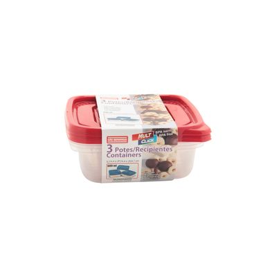 Conjunto de Potes São Bernardo Multiclick em Plástico Quadrado com Tampa Branca com 3 Peças 600ml
