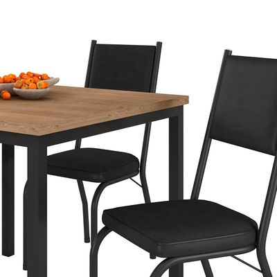 Conjunto de Mesa Retangular com Tampo de MDF Amadeirado e 4 Cadeiras Adriana Revestimento Sintético Preto