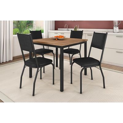 Conjunto de Mesa Retangular com Tampo de MDF Amadeirado e 4 Cadeiras Adriana Revestimento Sintético Preto