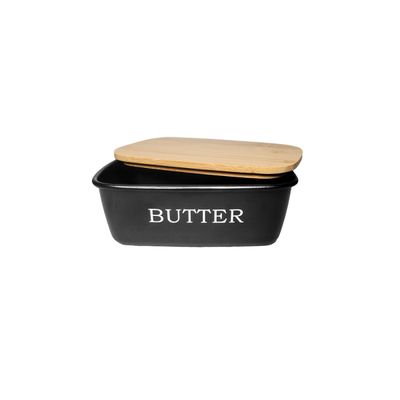 Manteigueira Preto Tampa Bambu Porta Manteiga Pote Aço 500ml