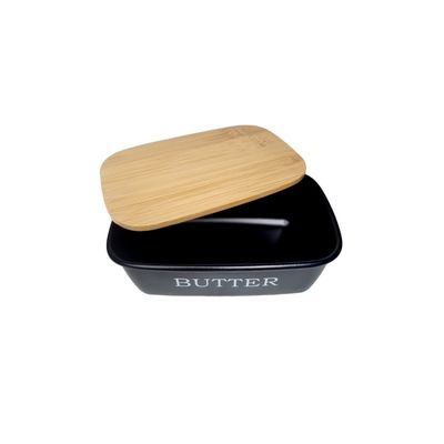 Manteigueira Preto Tampa Bambu Porta Manteiga Pote Aço 500ml
