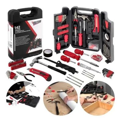 Kit De Ferramentas Completa 142 Peças Maleta Chaves Martelo Soquetes Jogo Multiuso Manuais