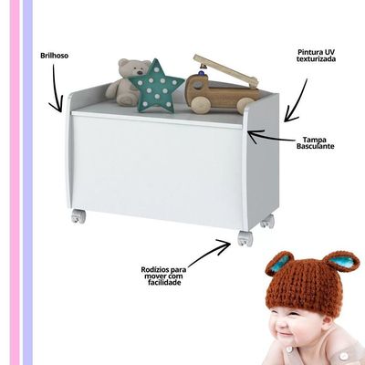 Baú Para Brinquedos Multiuso Com Rodinhas Aquarela Branco