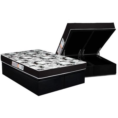 Conjunto Box Baú Queen: Colchão Espuma Luckspuma D33 Supreme Pró Saúde Black + Base Crc Suede Black (158x198)