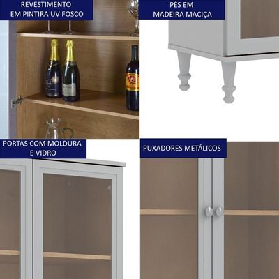 Cristaleira 2 Portas Vidro Pés Madeira 151x80 Cm E957 Cinza Dtall Cinza