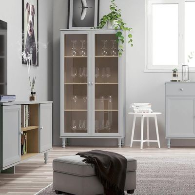 Cristaleira 2 Portas Vidro Pés Madeira 151x80 Cm E957 Cinza Dtall Cinza