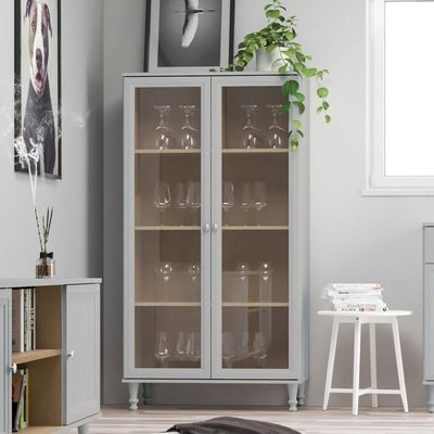 Cristaleira 2 Portas Vidro Pés Madeira 151x80 Cm E957 Cinza Dtall Cinza