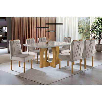 Conjunto Sala De Jantar 6lug Noronha Mesa E Cadeiras Maciça Mel Off White Com Marrom Acinzentado