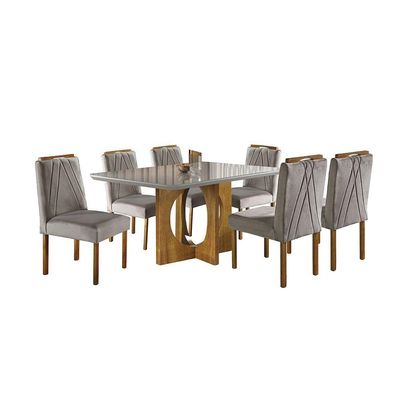 Conjunto Sala De Jantar 6lug Noronha Mesa E Cadeiras Maciça Mel Off White Com Marrom Acinzentado