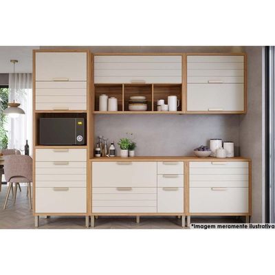 Kit Cozinha Modulada 5 Peças Eloise 2 Aéreos + 2 Balcões + 1 Paneleiro Cz024 Freijó Off White