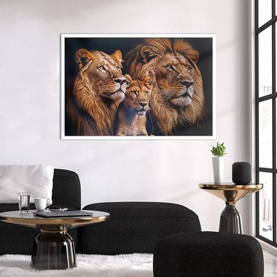 Quadro Decorativo Leões Moldura Cx Alta 100x66 Titulo Moldura Branca