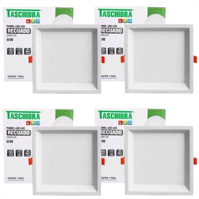 Kit 4 Painel De Led Quadrado Embutir Recuado 6w Bivolt Taschibra 6500k Frio