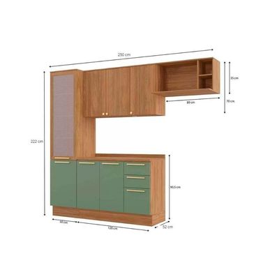 Kit Cozinha Modulada 5 Peças Botanic 2 Aéreos + 1 Balcão + 1 Paneleiro + 1 Complemento M654 Nogueira Verde Oliva