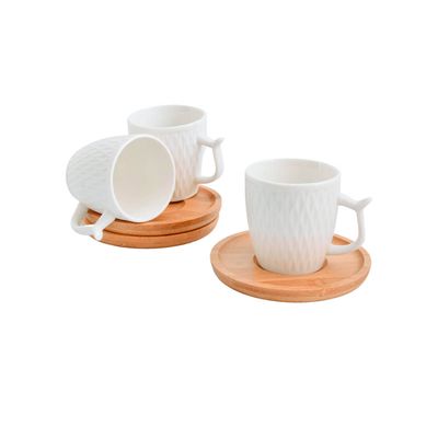 Conjunto de Xícara em Porcelana Wincy com Pires em Bambu Austria 100ml Branca 12 Peças