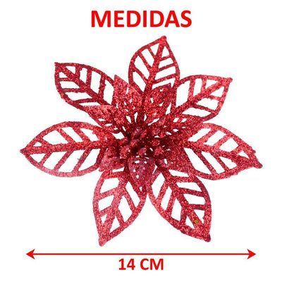 Kit 20 Flores Vermelha Gliter Decoração árvore De Natal 14cm