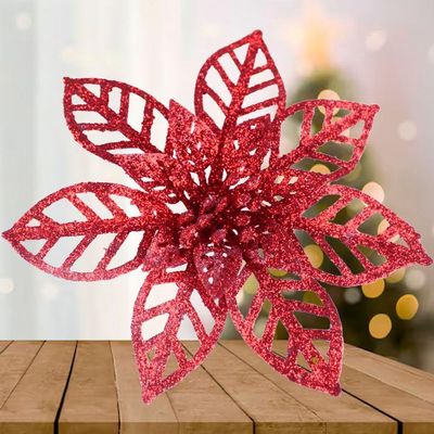 Kit 20 Flores Vermelha Gliter Decoração árvore De Natal 14cm