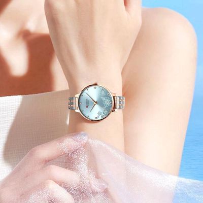 Relógio Feminino Em Aço Inoxidável De Quartzo Ultra Fino Romântico Impermeavel 3atm Azul