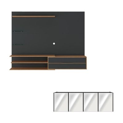 Painel Com Suporte Para TV Até 65 Polegadas Com Aparador 4 Portas Com Espelho Multimóveis MP1089 Rustic Preto