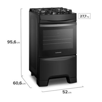 Fogão 4 Bocas Continental Preto Mesa de Vidro, Forno Eco Turbo e Grades Ferro Fundido (FC4GB) Bivolt