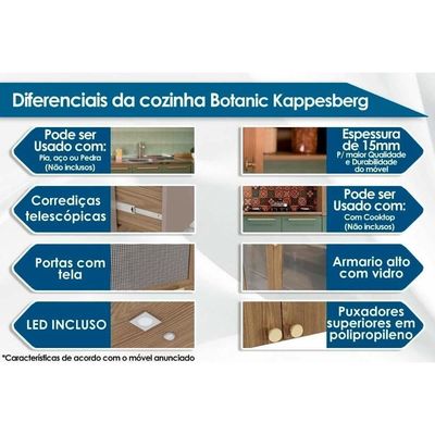 Cozinha Modulada Completa Botanic 8 Peças 4 Aéreos + 2 Balcões+ 2 Complementos M665 Nogueira Verde Oliva