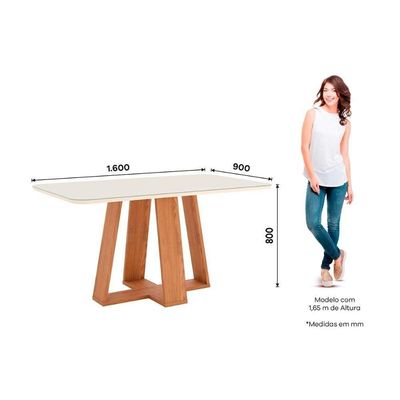 Conjunto Mesa De Cozinha Lins Com Tampo Madeirado Com Vidro Curvo 160x90cm E 6 Cadeiras Malu Nature Linho Henn