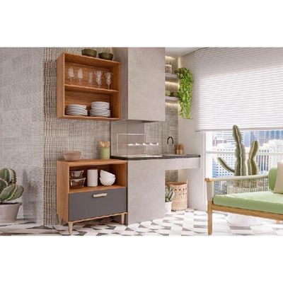 Cozinha Completa 3 Peças Bella 1 Aéreo 1 Balcão 1 Painel Ripado 80cm Freijó