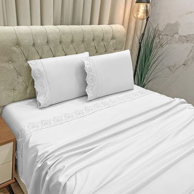 Jogo de Cama Lençol Casal Nupcial Percal 300 Fios 4 Peças - Branco